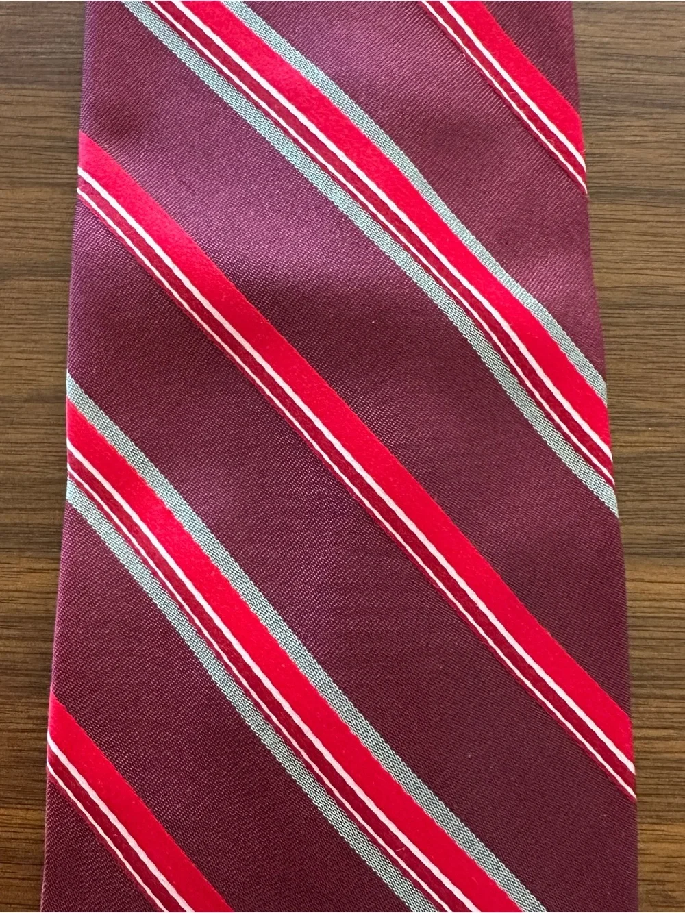J. Crew Burgundy Tie with Red and Silver Stripes